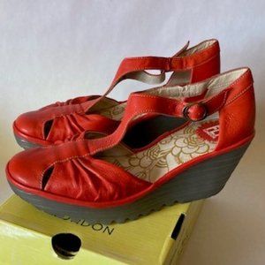 FLY LONDON - RED Leather Wedge Sandals -buckle ankle straps Size US8-8.5 / EU39